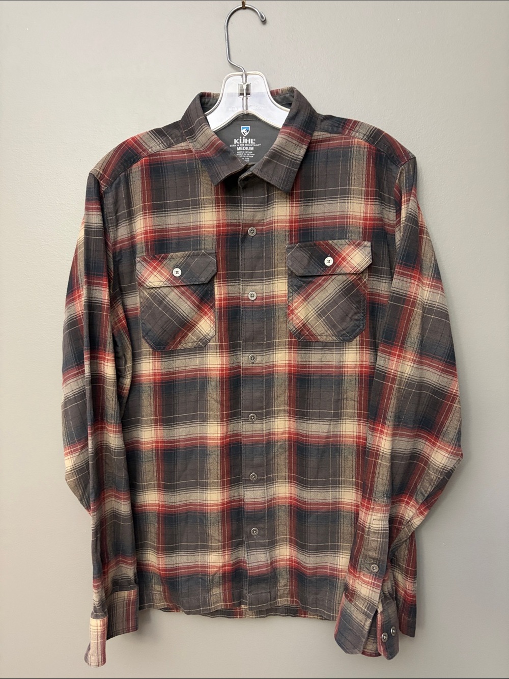 Kuhl Men's Plaid Button-Down Shirt in Brown, Red, Gray, and Cream - Size M